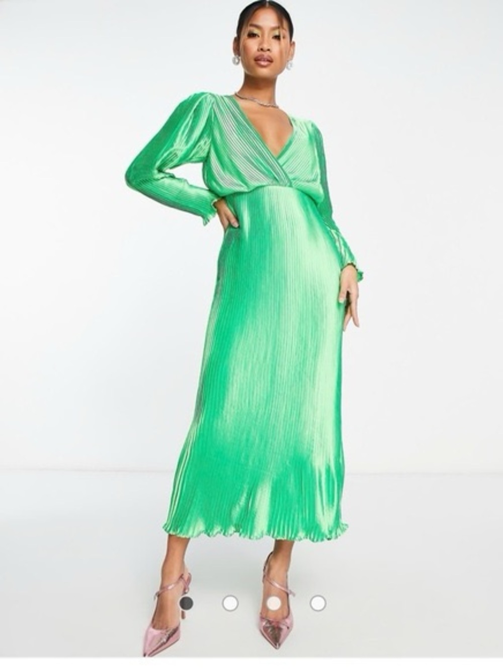 ASOS Satin Pleated Detail Plunge Midi Dress